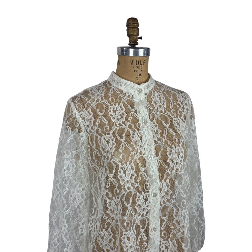 Blair Lace Blouse Womens Medium Sheer Cream Long Sleeve Button Down Shirt - Picture 3 of 10